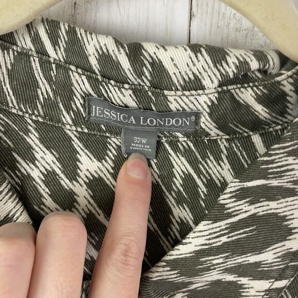 Jessica London Denim Jacket Women’s Sz 32W  Olive Green Cream Print - NEW - Picture 5 of 11
